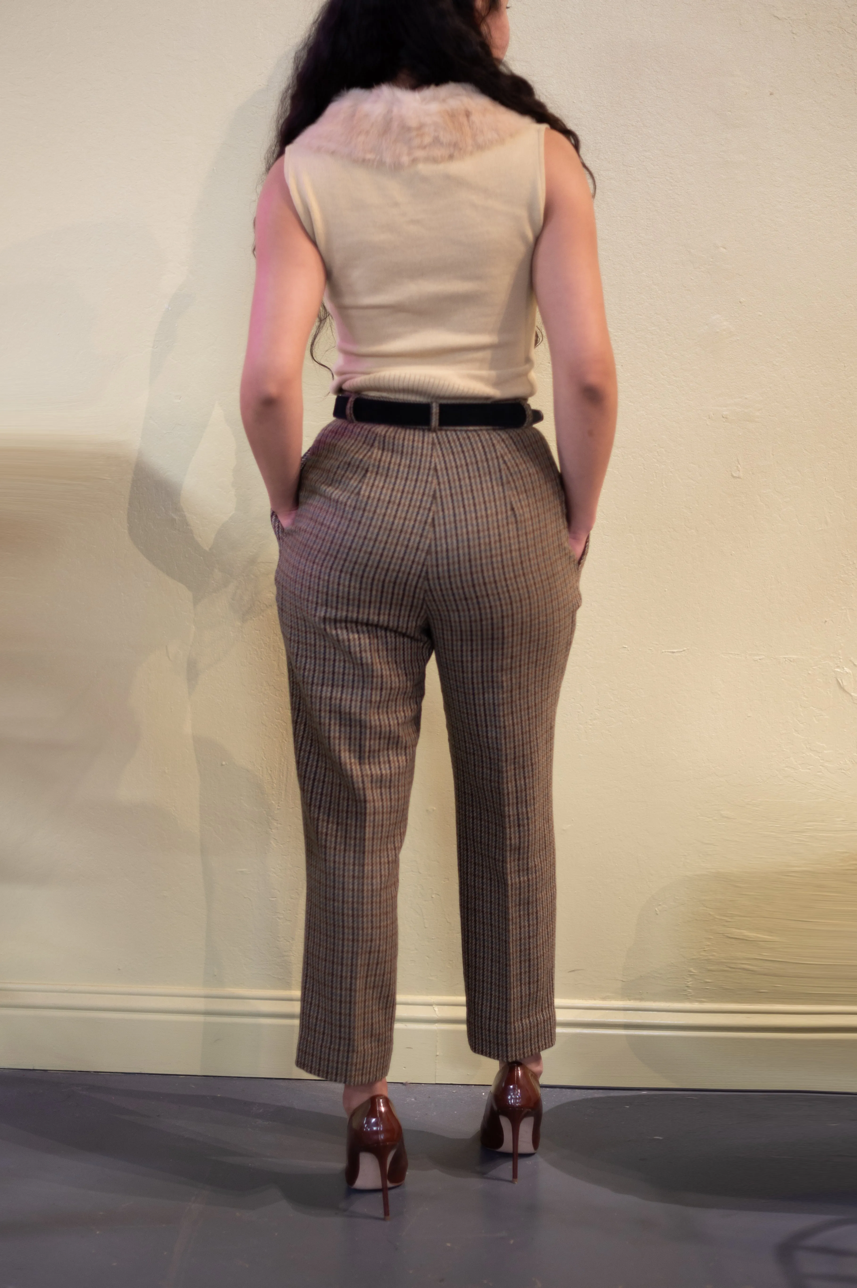 Vintage Plaid Brown Pleated Trousers
