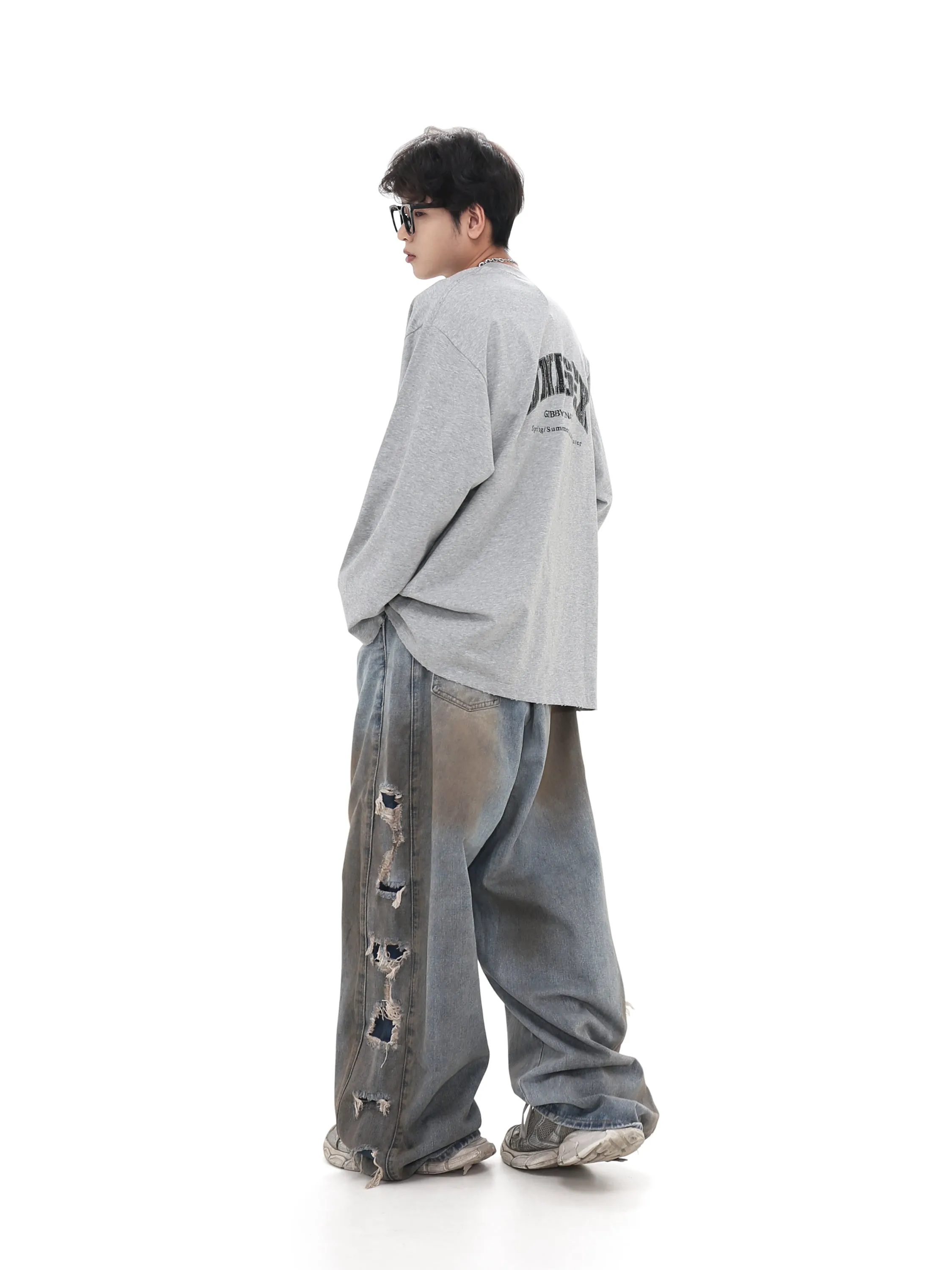Wide leg Damaged Ripped Washed Denim Pants